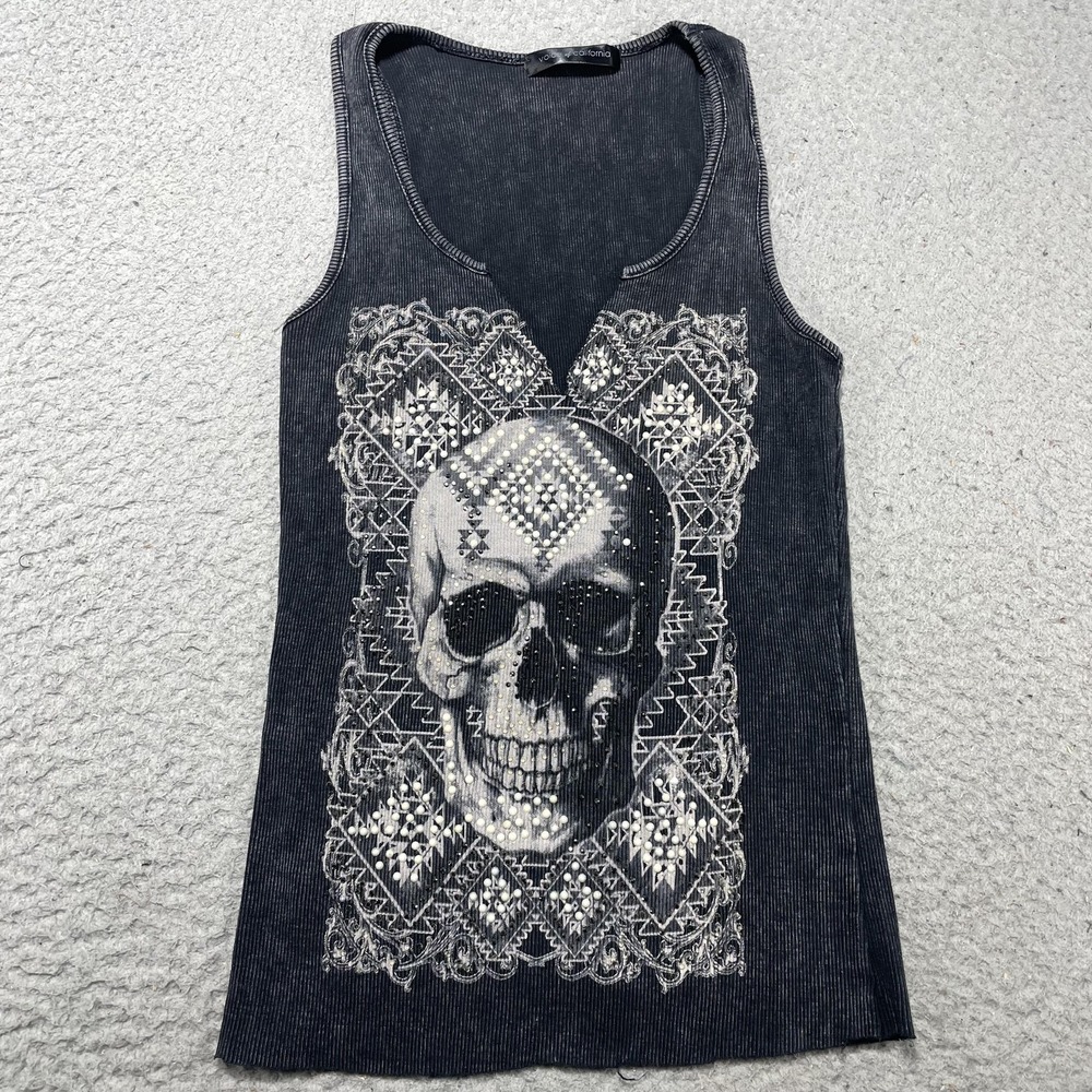 Voice Of California Tank Top Womens Small Black Skull Rhinestone Graphic Studded